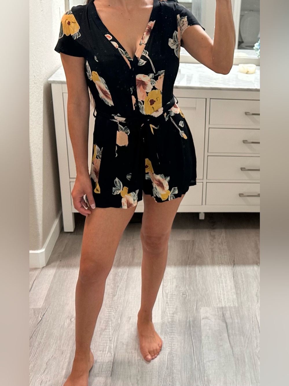Black Floral Short Romper - Women's Sleeveless Jumpsuit